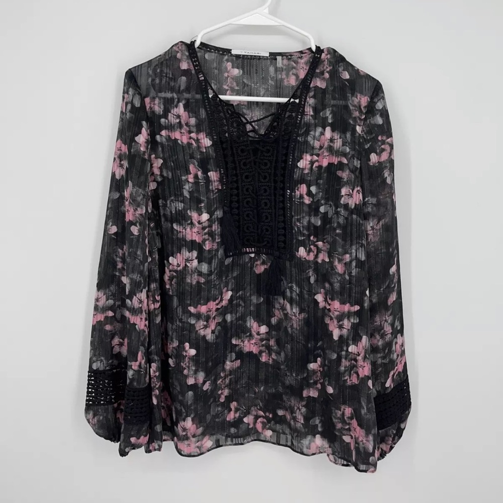 T Tahari Blouse Black w Pink Floral Size S NWT Crochet Accents